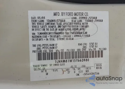 2005 Lincoln Town Car Signature из США, поврежденный, VIN 1LNHM81W15Y663980